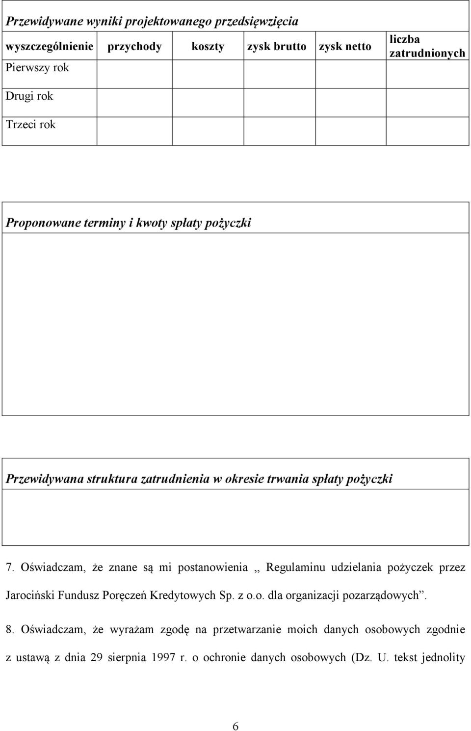 Oświadczam, że znane są mi postanowienia,, Regulaminu udzielania pożyczek przez Jarociński Fundusz Poręczeń Kredytowych Sp. z o.o. dla organizacji pozarządowych.