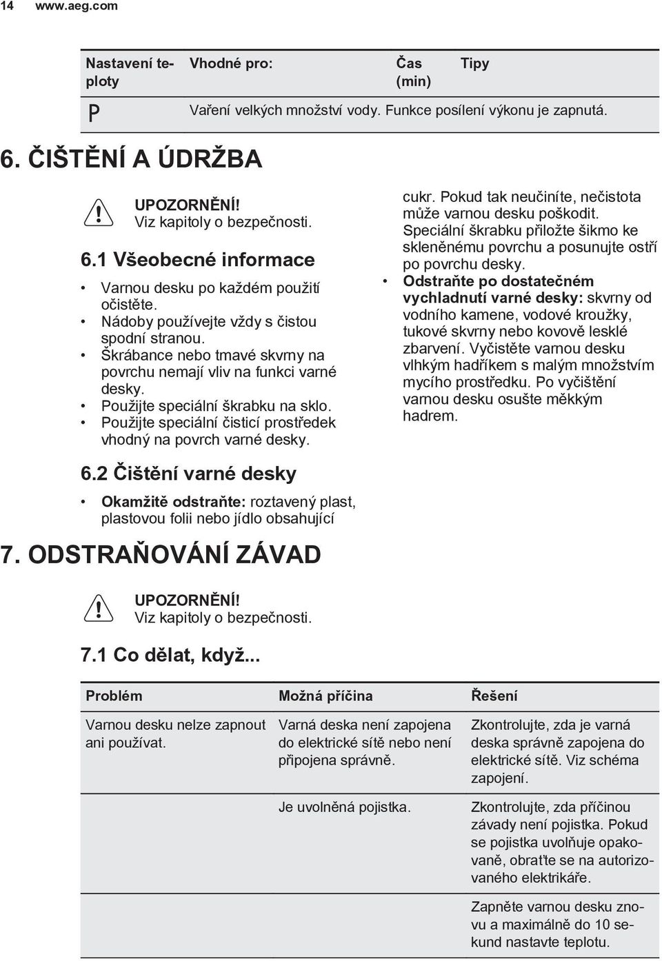 Použijte speciální čisticí prostředek vhodný na povrch varné desky. 6.2 Čištění varné desky Okamžitě odstraňte: roztavený plast, plastovou folii nebo jídlo obsahující 7. ODSTRAŇOVÁNÍ ZÁVAD cukr.