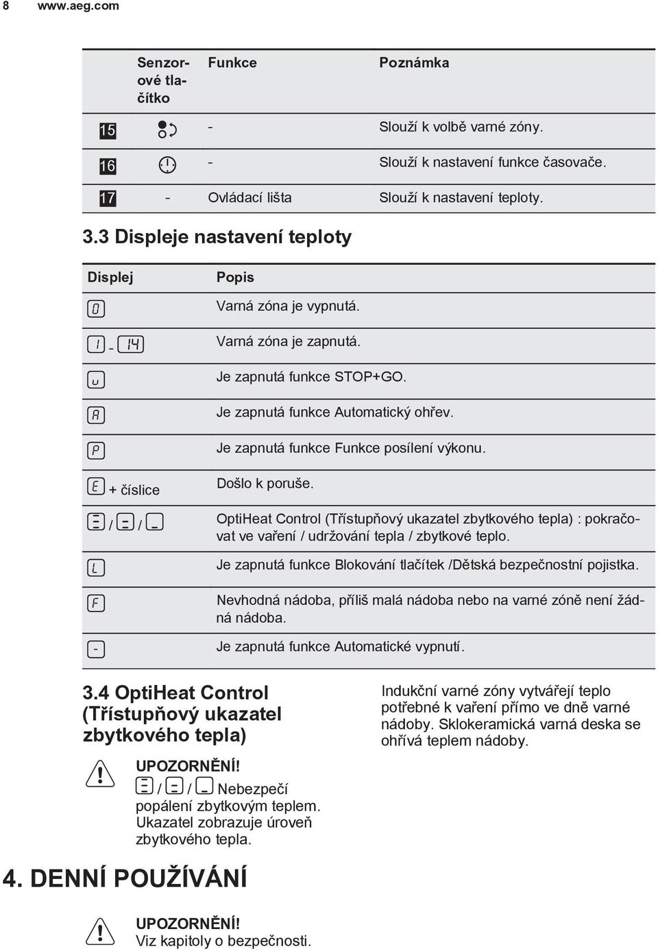 + číslice / / Došlo k poruše. OptiHeat Control (Třístupňový ukazatel zbytkového tepla) : pokračovat ve vaření / udržování tepla / zbytkové teplo.