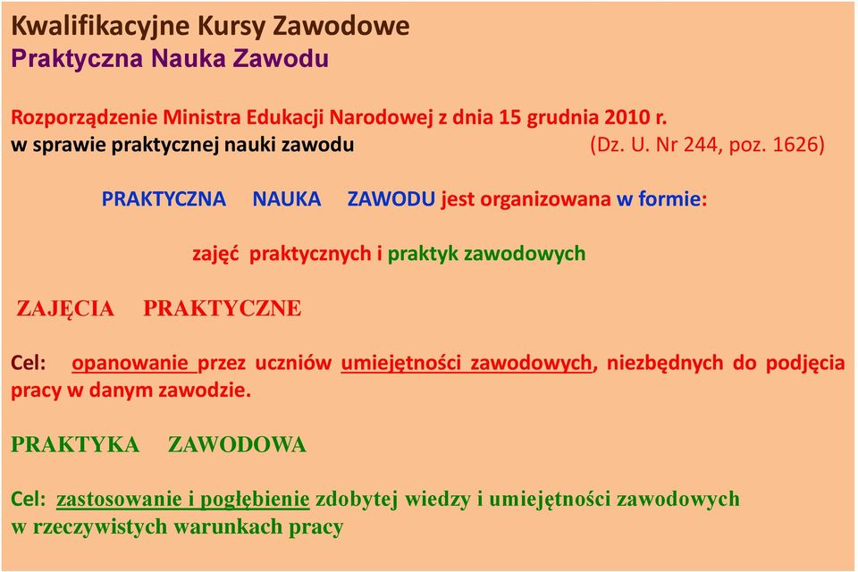 1626) PRAKTYCZNA NAUKA ZAWODU jest organizowana w formie: zajęć praktycznych i praktyk zawodowych ZAJĘCIA PRAKTYCZNE Cel: