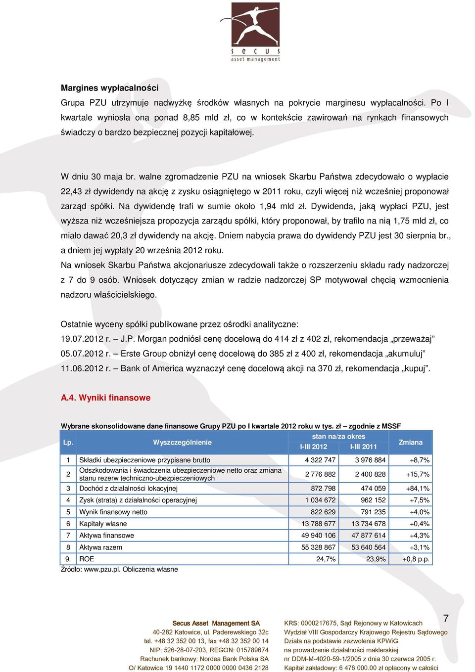 walne zgromadzenie PZU na wniosek Skarbu Państwa zdecydowało o wypłacie 22,43 zł dywidendy na akcję z zysku osiągniętego w 2011 roku, czyli więcej niż wcześniej proponował zarząd spółki.