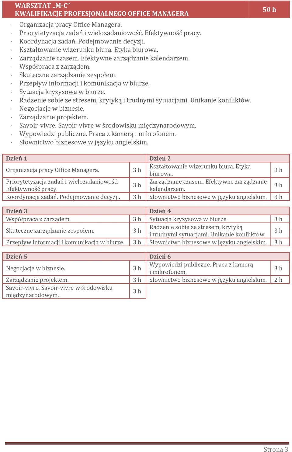 Sytuacja kryzysowa w biurze. Radzenie sobie ze stresem, krytyką i trudnymi sytuacjami. Unikanie konfliktów. Negocjacje w biznesie. Zarządzanie projektem. Savoir-vivre.