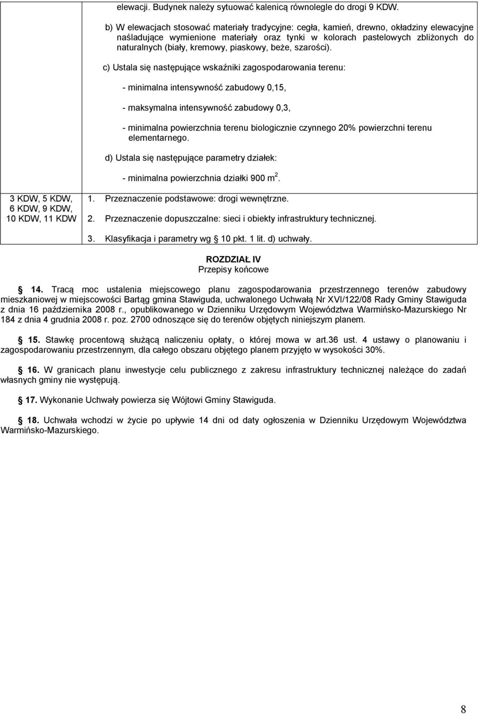 c) Ustala się następujące wskaźniki zagospodarowania terenu: - minimalna intensywność zabudowy 0,15, - maksymalna intensywność zabudowy 0,3, - minimalna powierzchnia terenu biologicznie czynnego 20%