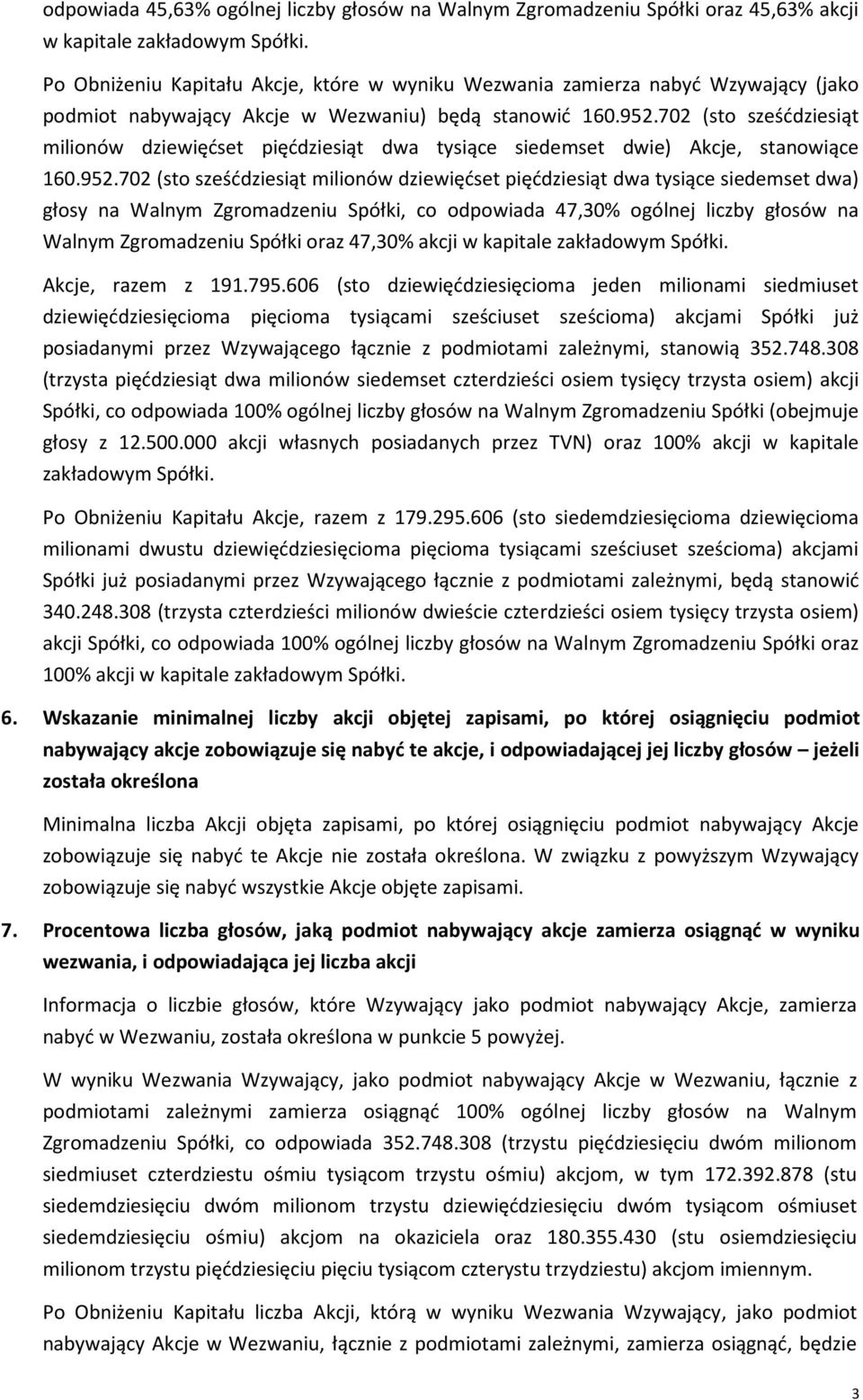 702 (sto sześćdziesiąt milionów dziewięćset pięćdziesiąt dwa tysiące siedemset dwie) Akcje, stanowiące 160.952.