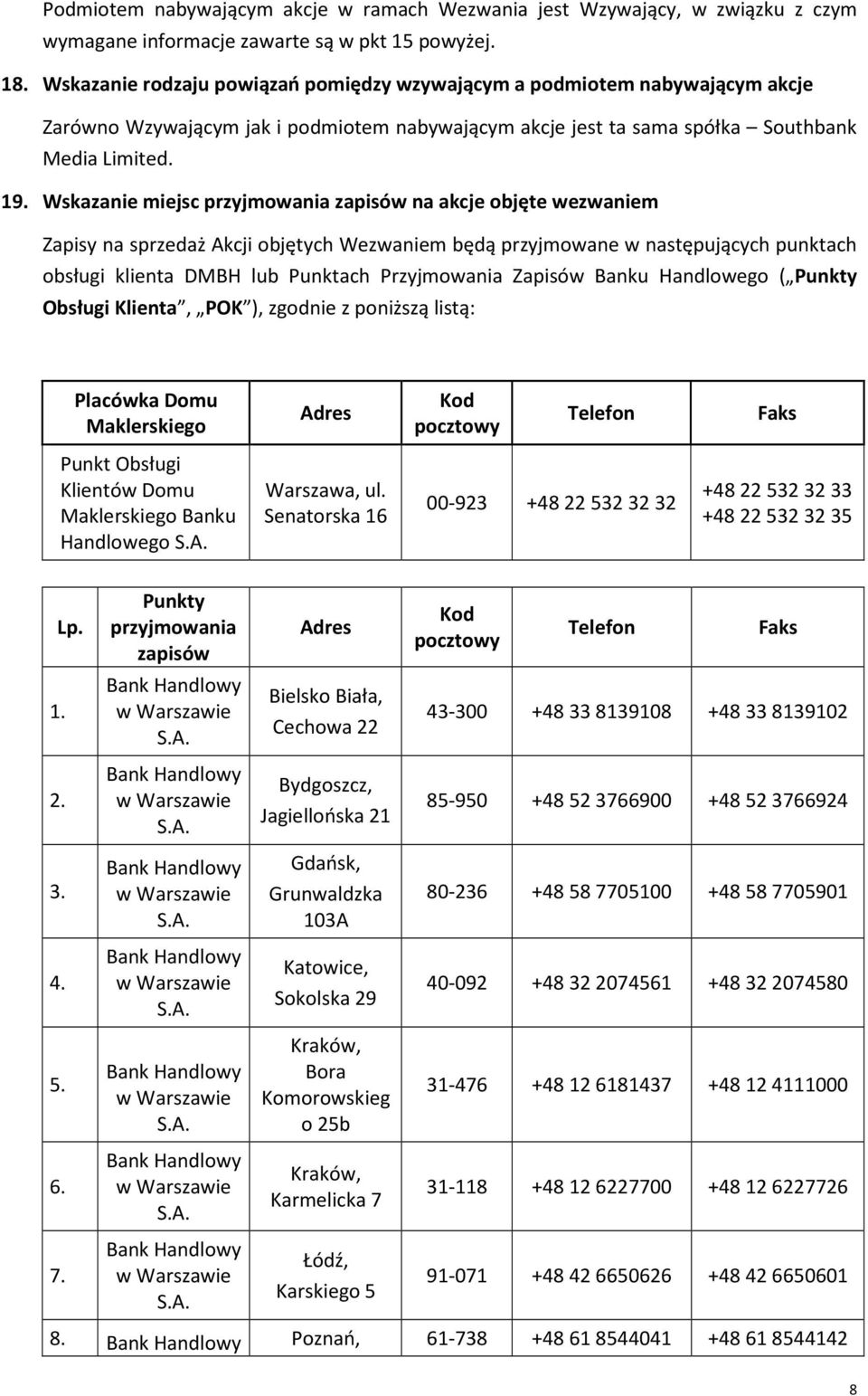 Wskazanie miejsc przyjmowania zapisów na akcje objęte wezwaniem Zapisy na sprzedaż Akcji objętych Wezwaniem będą przyjmowane w następujących punktach obsługi klienta DMBH lub Punktach Przyjmowania