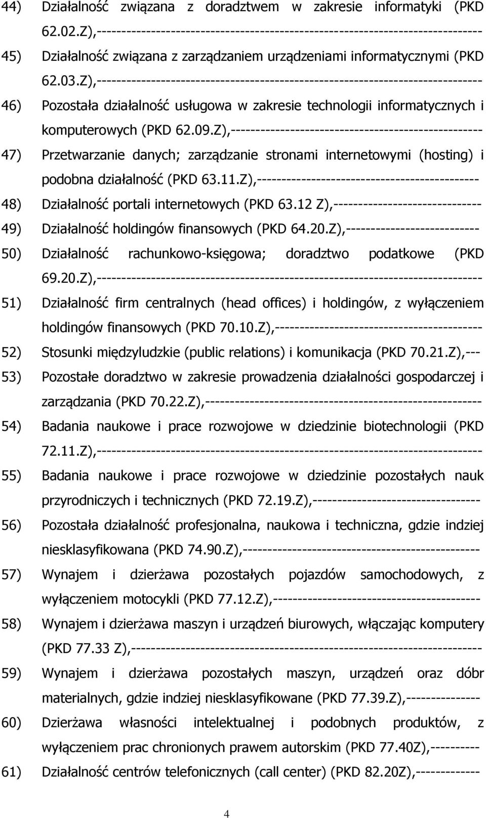 Z),------------------------------------------------------------------------------ 46) Pozostała działalność usługowa w zakresie technologii informatycznych i komputerowych (PKD 62.09.