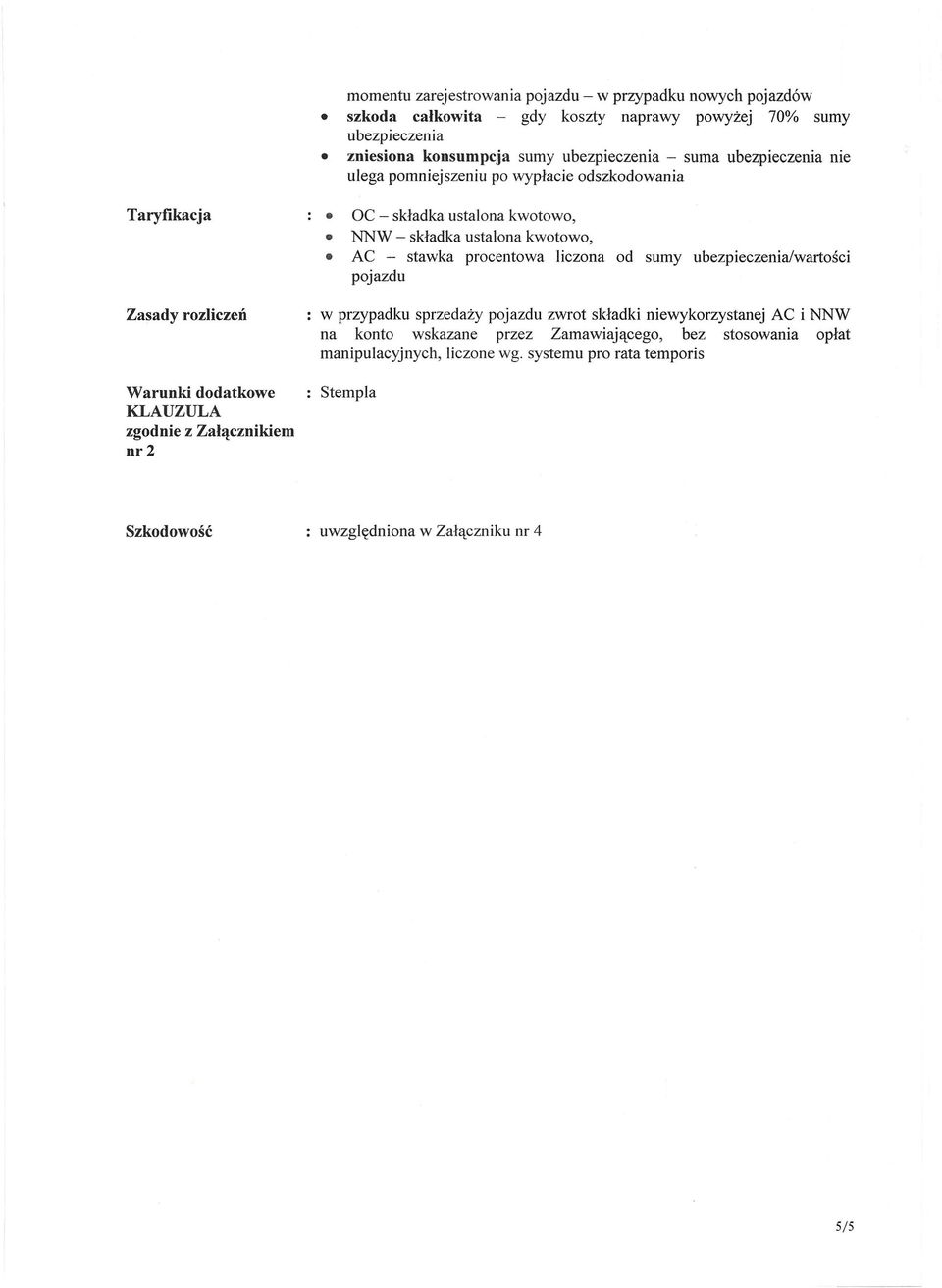 /wartości pojazdu Zasady rozliczeń w przypadku sprzedaży pojazdu zwrot składki niewykorzystanej AC i NNW na konto wskazane przez Zamawiającego, bez stosowania