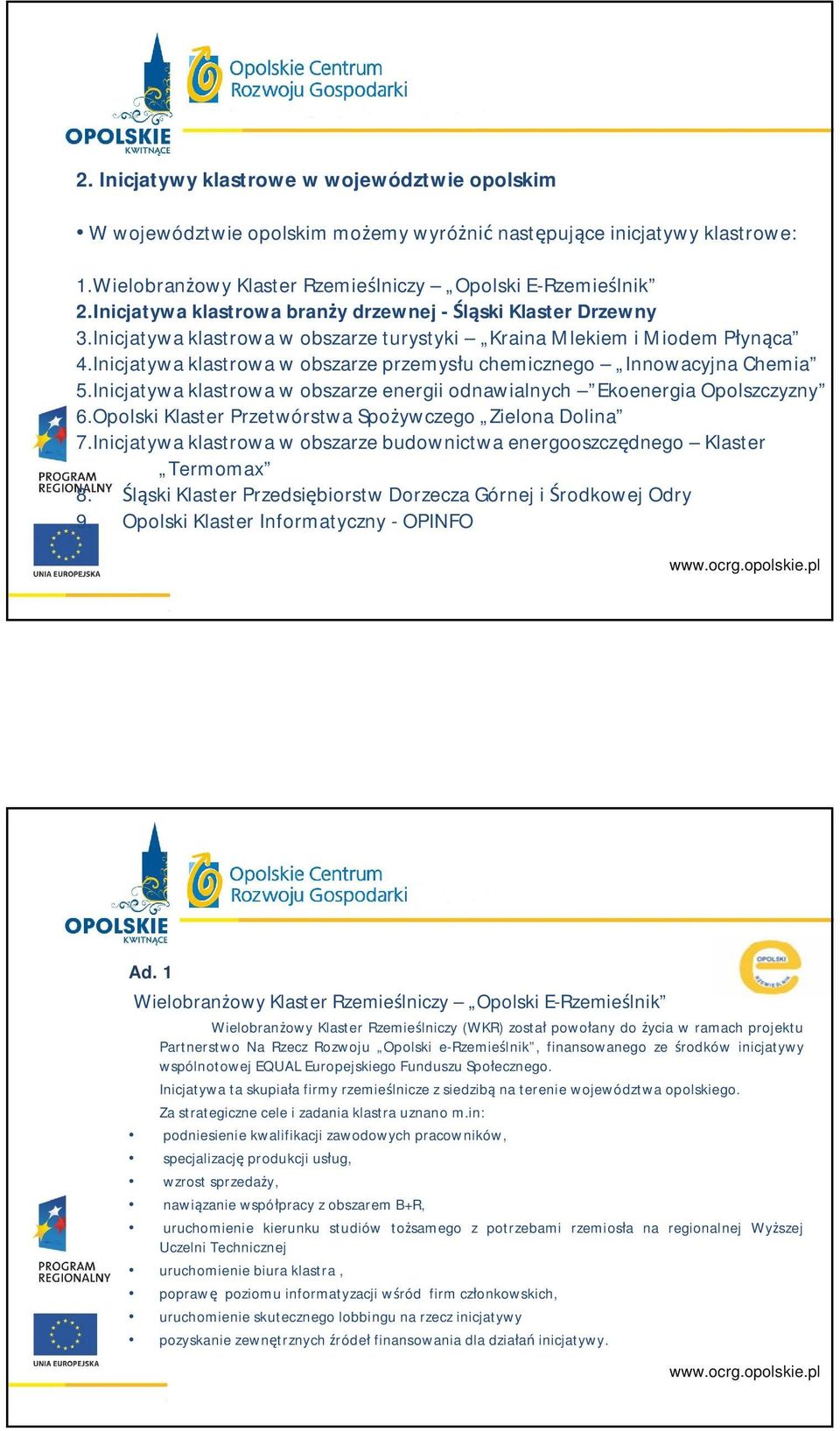 Inicjatywa klastrowa w obszarze przemysłu chemicznego Innowacyjna Chemia 5.Inicjatywa klastrowa w obszarze energii odnawialnych Ekoenergia Opolszczyzny 6.