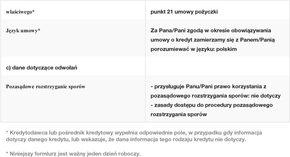 rozstrzygania sporów: - zasady dostępu do procedury pozasądowego rozstrzygania sporów * Kredytodawca lub pośrednik kredytowy wypełnia odpowiednie