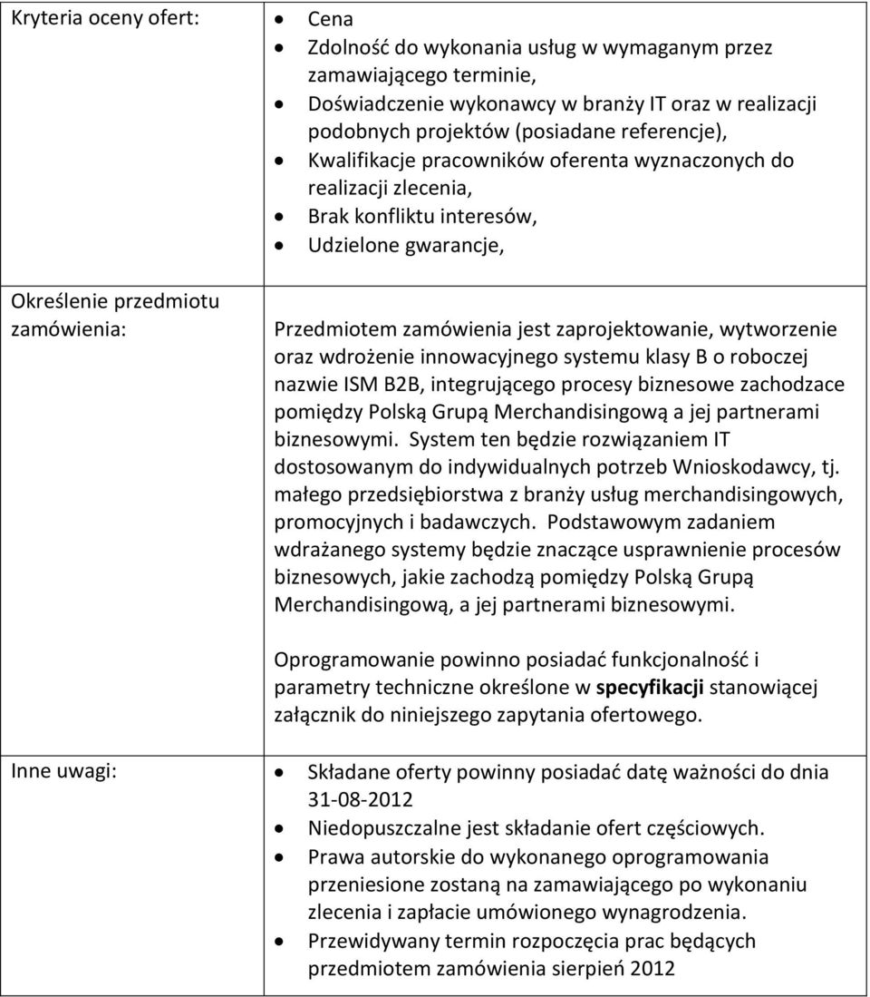 wytworzenie oraz wdrożenie innowacyjnego systemu klasy B o roboczej nazwie ISM B2B, integrującego procesy biznesowe zachodzace pomiędzy Polską Grupą Merchandisingową a jej partnerami biznesowymi.