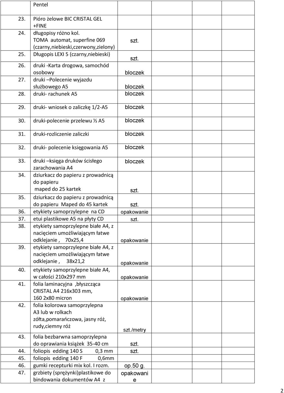 druki-polcni przlwu ½ A5 bloczk 31. druki-rozliczni zaliczki bloczk 32. druki- polcni księgowania A5 bloczk 33. druki księga druków ścisłgo bloczk zarachowania A4 34.