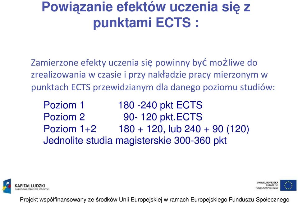 przewidzianym dla danego poziomu studiów: Poziom 1 180-240 pkt ECTS Poziom 2 90-120