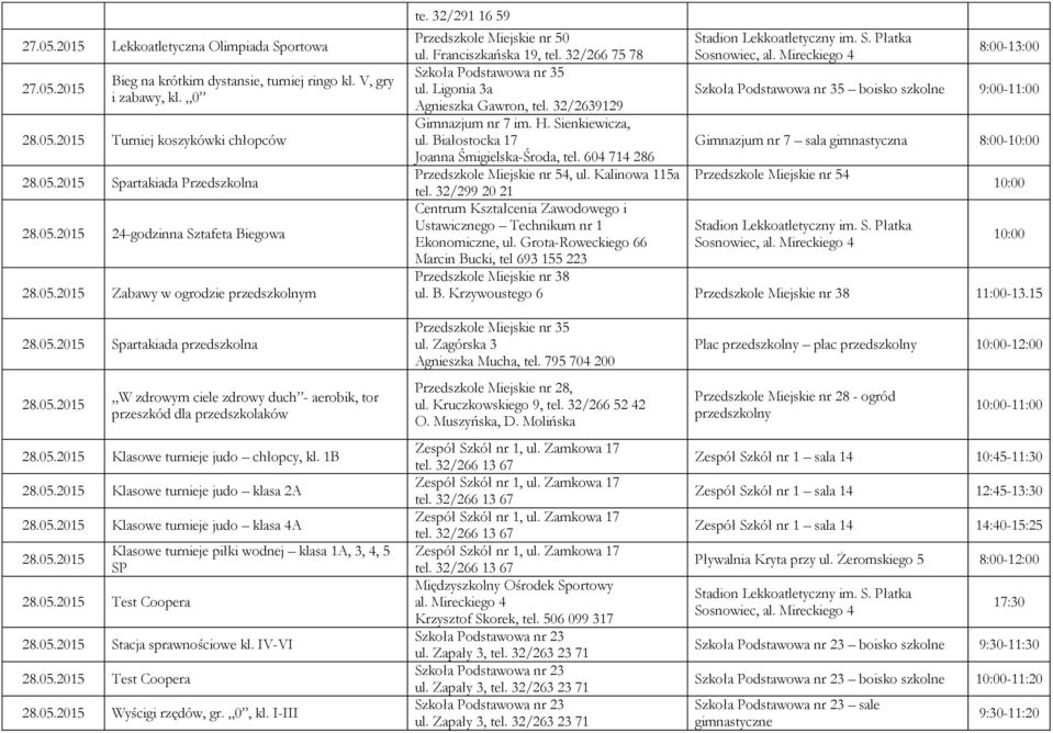 32/266 75 78 8:00-13:00 boisko szkolne 9:00-11:00 Gimnazjum nr 7 sala gimnastyczna 8:00- Joanna Śmigielska-Środa, tel. 604 714 286 Przedszkole Miejskie nr 54, ul.