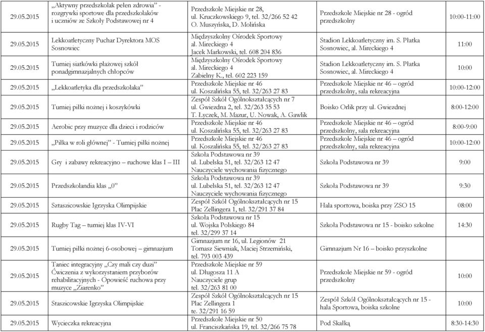 plażowej szkół ponadgimnazjalnych chłopców 2015 Lekkoatletyka dla przedszkolaka 2015 Turniej piłki nożnej i koszykówki 2015 Aerobic przy muzyce dla dzieci i rodziców 2015 Piłka w roli głównej -