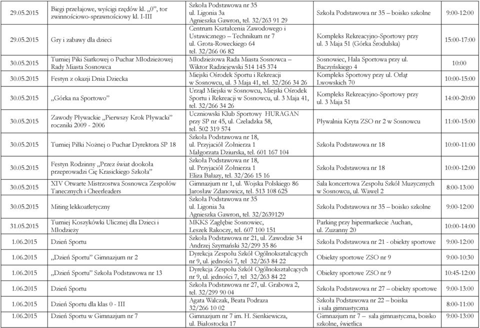 05.2015 Festyn Rodzinny Przez świat dookoła przeprowadzi Cię Krasickiego Szkoła XIV Otwarte Mistrzostwa Sosnowca Zespołów Tanecznych i Cheerleaders 30.05.2015 Miting lekkoatletyczny 31.05.2015 Turniej Koszykówki Ulicznej dla Dzieci i Młodzieży Dzień Sportu Gimnazjum nr 2 Dzień Sportu Szkoła Podstawowa nr 13 dla klas 0 - III Agnieszka Gawron, tel.