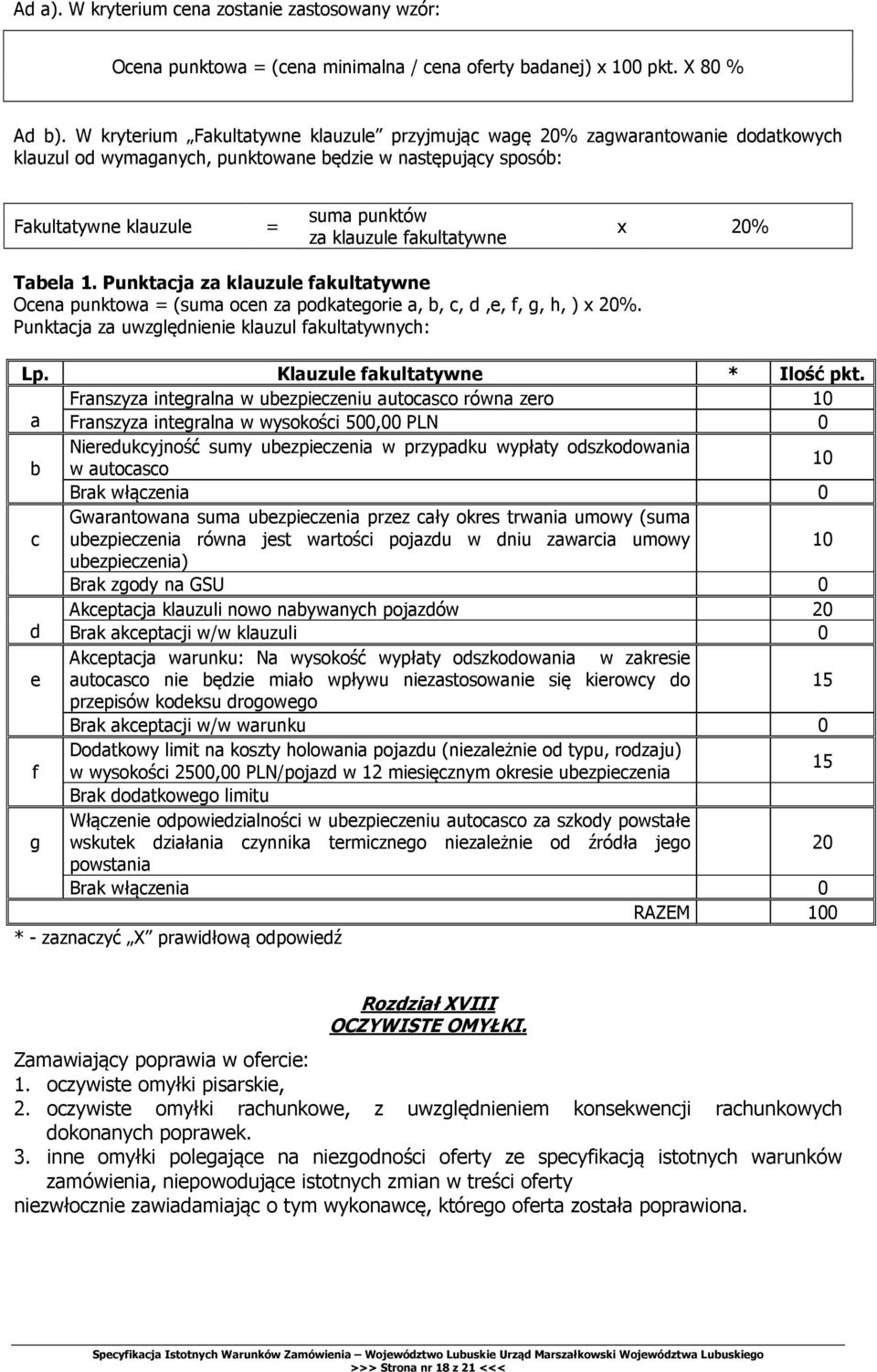 fakultatywne x 20% Tabela 1. Punktacja za klauzule fakultatywne Ocena punktowa = (suma ocen za podkategorie a, b, c, d,e, f, g, h, ) x 20%. Punktacja za uwzględnienie klauzul fakultatywnych: Lp.