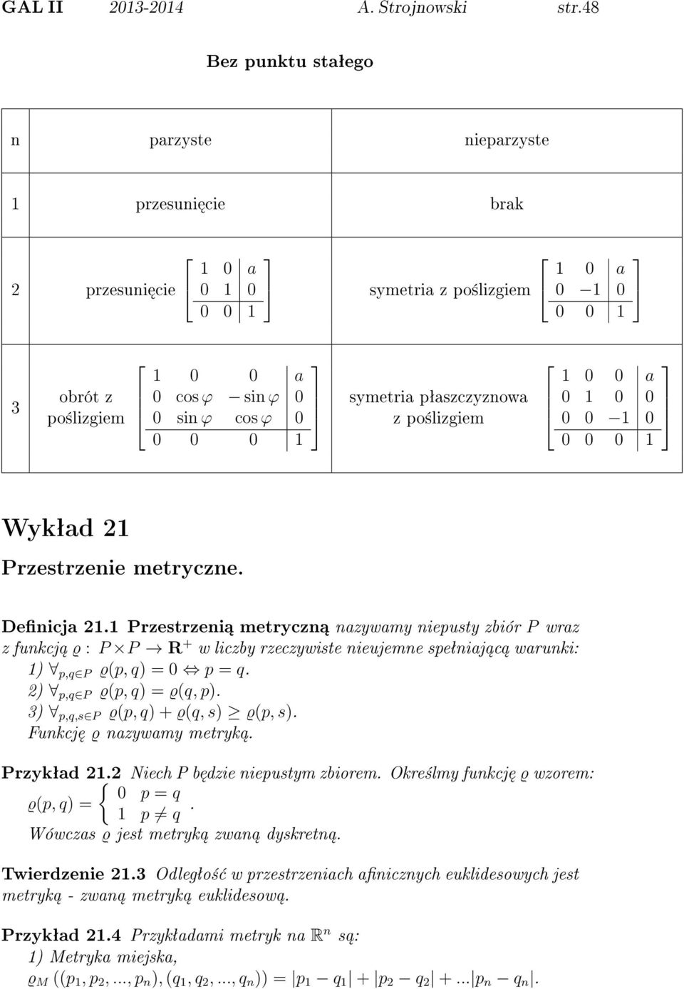po±lizgiem 1 0 0 a 0 1 0 0 0 0 1 0 Wykªad 21 Przestrzenie metryczne. Denicja 21.