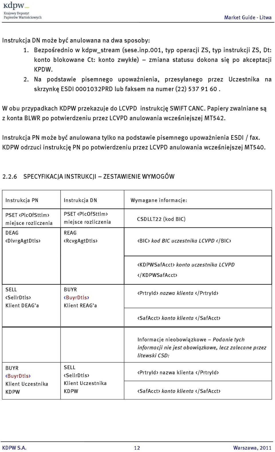 Na podstawie pisemnego upoważnienia, przesyłanego przez Uczestnika na skrzynkę ESDI 0001032PRD lub faksem na numer (22) 537 91 60. W obu przypadkach KDPW przekazuje do LCVPD instrukcję SWIFT CANC.