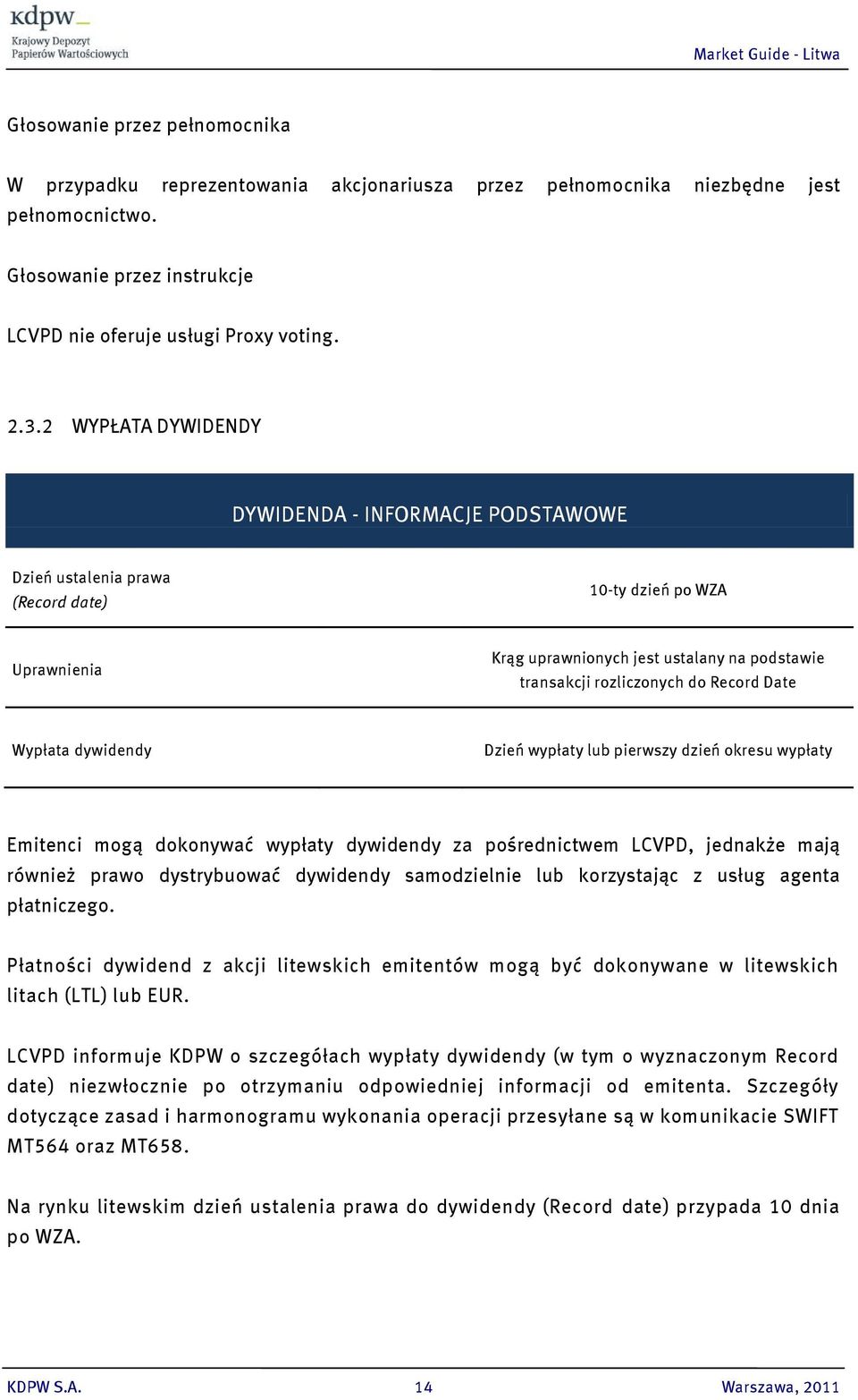 Date Wypłata dywidendy Dzień wypłaty lub pierwszy dzień okresu wypłaty Emitenci mogą dokonywać wypłaty dywidendy za pośrednictwem LCVPD, jednakże mają również prawo dystrybuować dywidendy