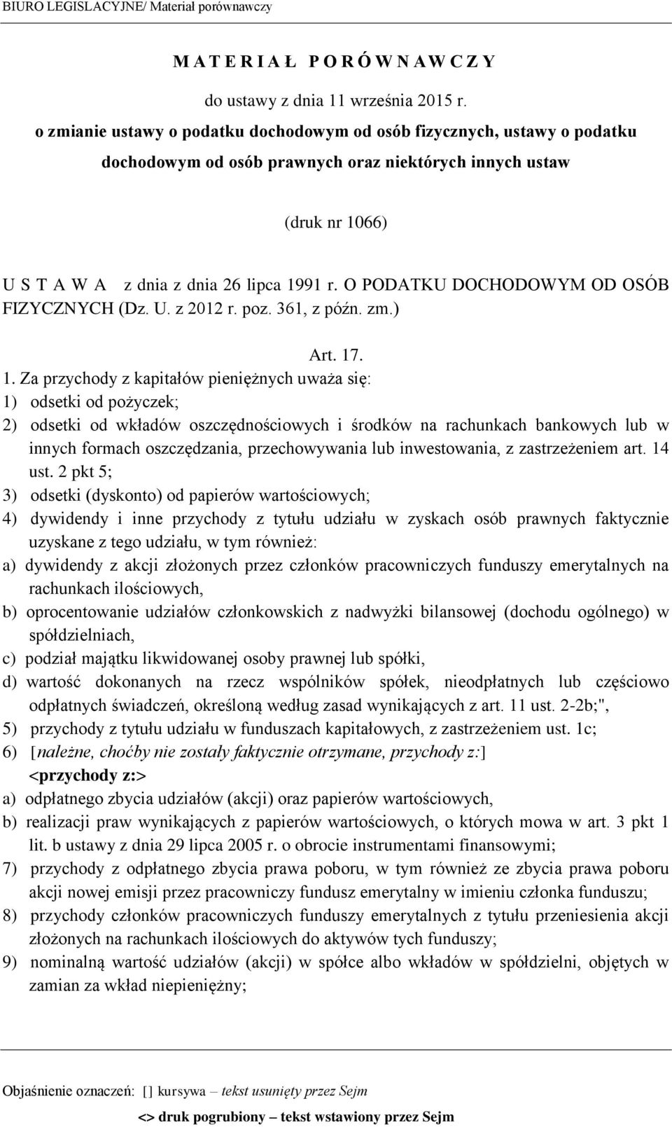 O PODATKU DOCHODOWYM OD OSÓB FIZYCZNYCH (Dz. U. z 2012 r. poz. 361, z późn. zm.) Art. 17