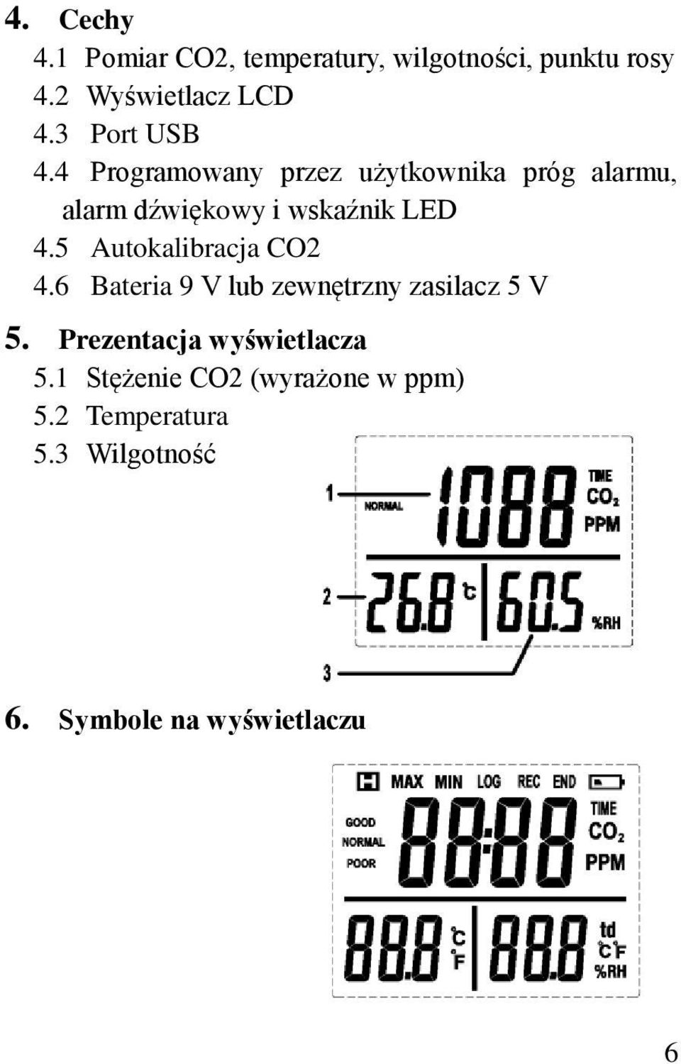 4 Programowany przez użytkownika próg alarmu, alarm dźwiękowy i wskaźnik LED 4.