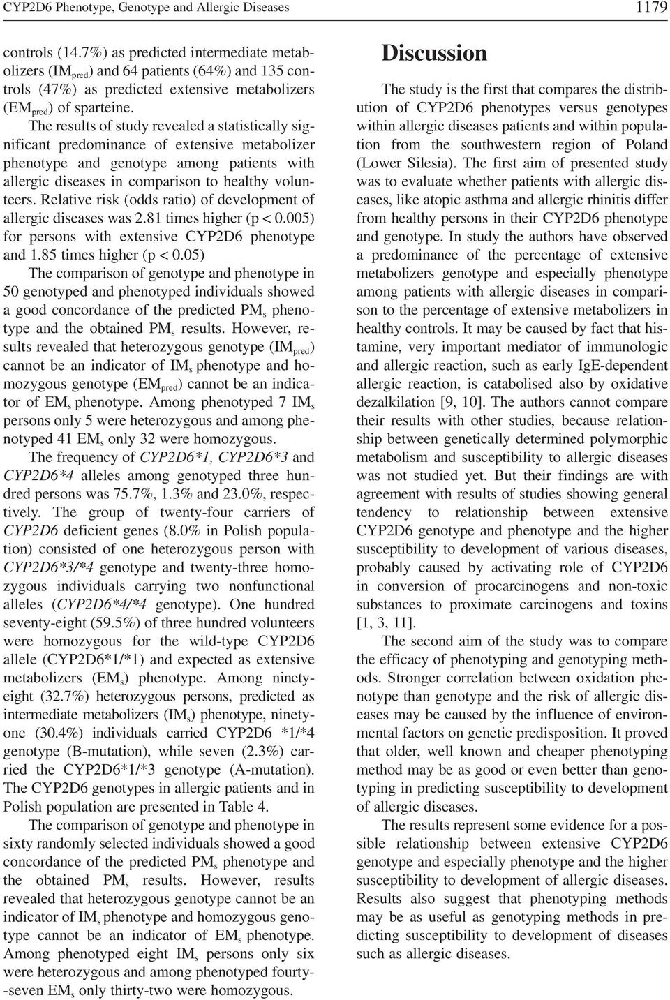 The results of study revealed a statistically sig nificant predominance of extensive metabolizer phenotype and genotype among patients with allergic diseases in comparison to healthy volun teers.