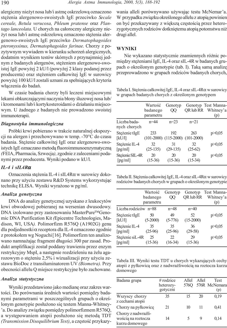 U chorych na ca³oroczny alergiczny nie- yt nosa lub/i astmê oskrzelow¹ oznaczono stê enia alergenowo-swoistych IgE przeciwko Dermatophagoides pteronyssinus, Dermatophagoides farinae.