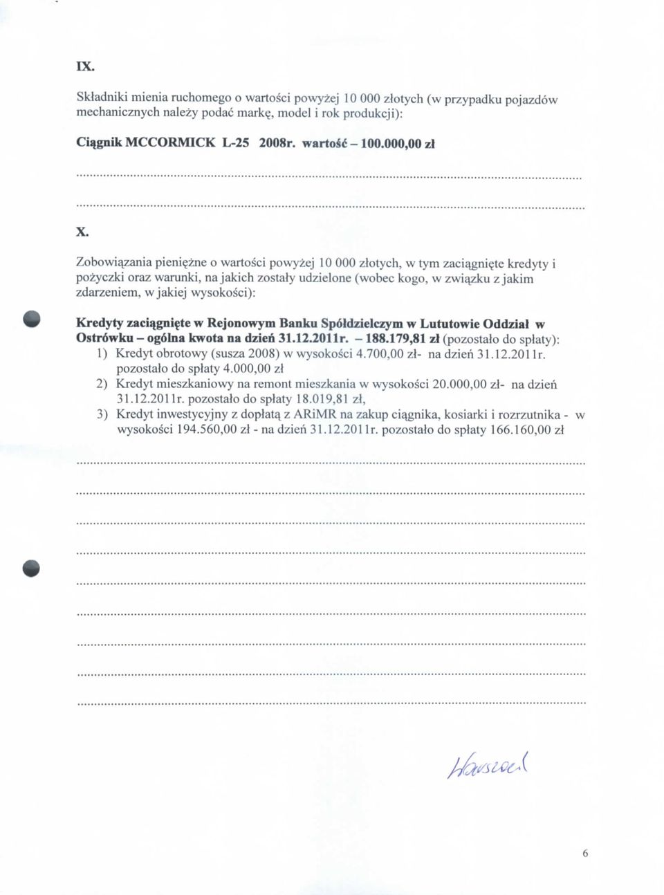 wysokosci): Kredyty zaci^gni^te w Rejonowym Banku Spdtdzielczym w Lututowie Oddziat w Ostrowku - ogolna kwota na dzien 31.12.2011r. - 188.