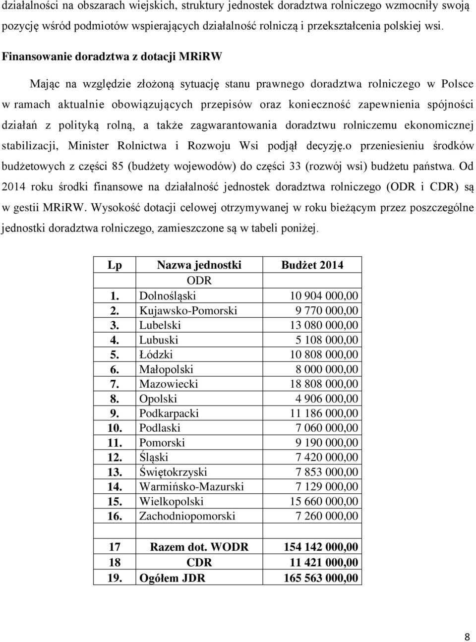 spójności działań z polityką rolną, a także zagwarantowania doradztwu rolniczemu ekonomicznej stabilizacji, Minister Rolnictwa i Rozwoju Wsi podjął decyzję.