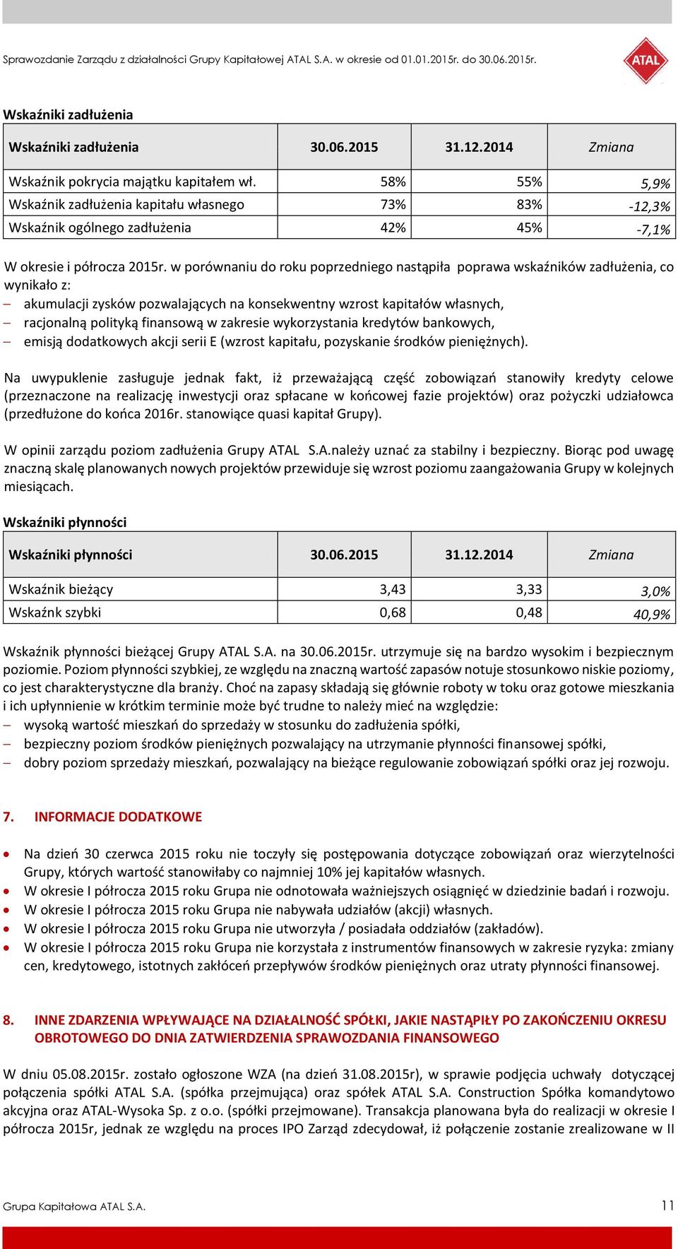 w porównaniu do roku poprzedniego nastąpiła poprawa wskaźników zadłużenia, co wynikało z: akumulacji zysków pozwalających na konsekwentny wzrost kapitałów własnych, racjonalną polityką finansową w