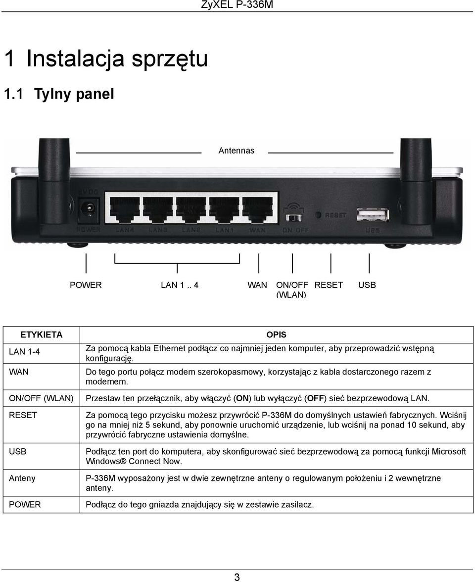 Do tego portu połącz modem szerokopasmowy, korzystając z kabla dostarczonego razem z modemem. Przestaw ten przełącznik, aby włączyć (ON) lub wyłączyć (OFF) sieć bezprzewodową LAN.