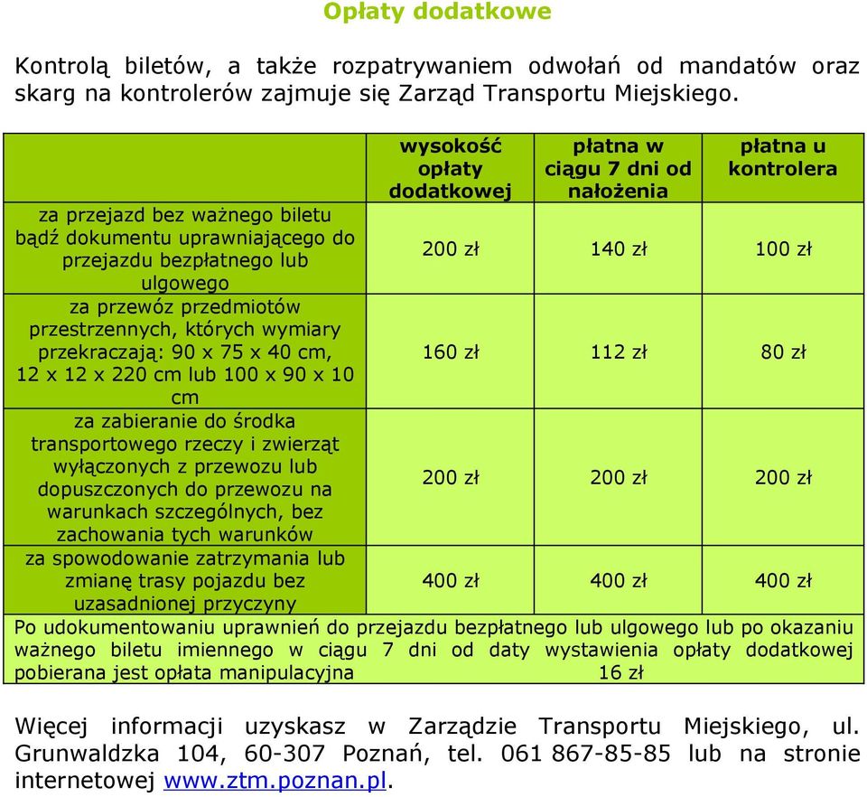 ulgowego za przewóz przedmiotów przestrzennych, których wymiary przekraczają: 90 x 75 x 40 cm, 160 zł 112 zł 80 zł 12 x 12 x 220 cm lub 100 x 90 x 10 cm za zabieranie do środka transportowego rzeczy