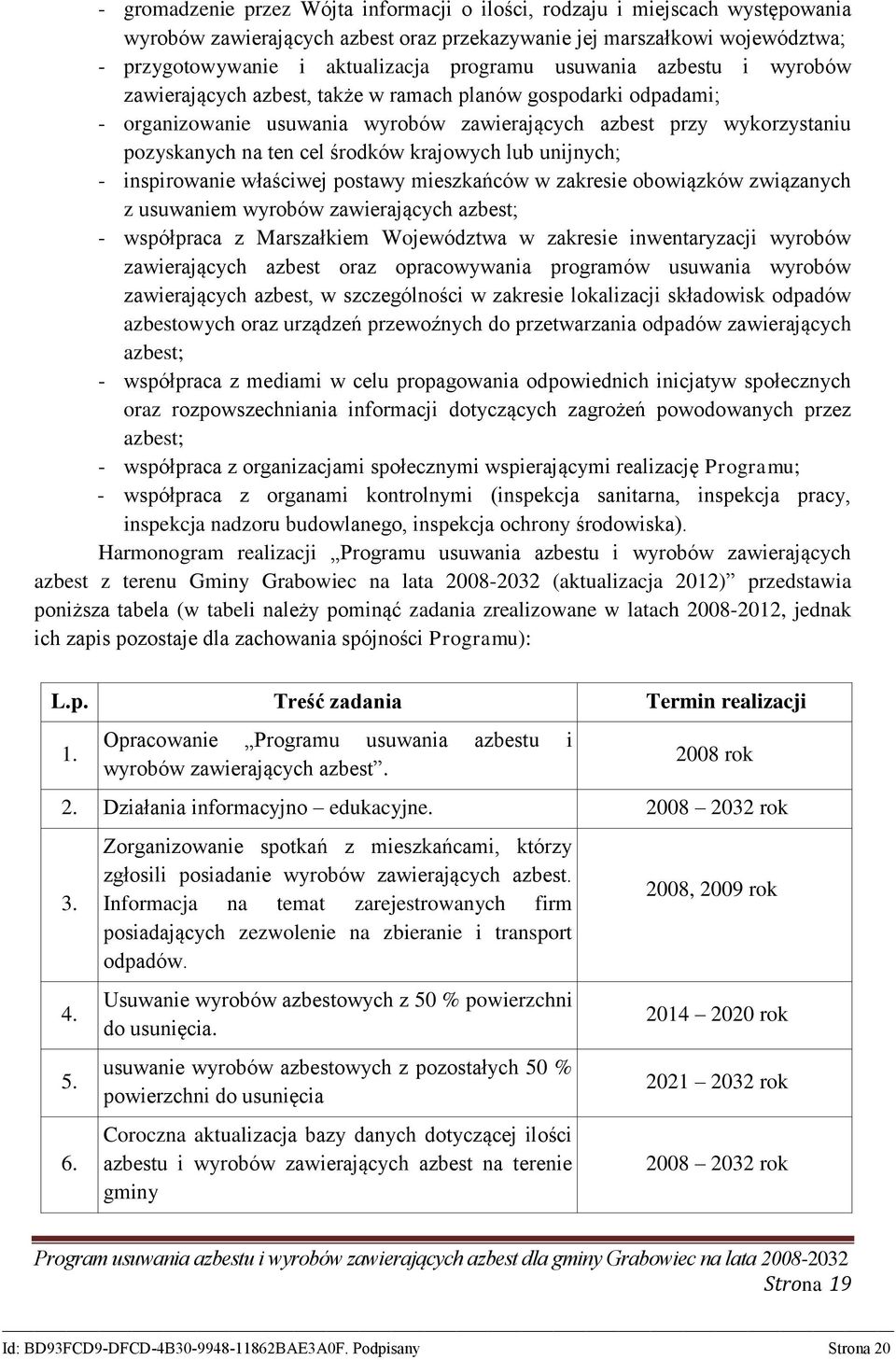 krajowych lub unijnych; - inspirowanie właściwej postawy mieszkańców w zakresie obowiązków związanych z usuwaniem wyrobów zawierających azbest; - współpraca z Marszałkiem Województwa w zakresie
