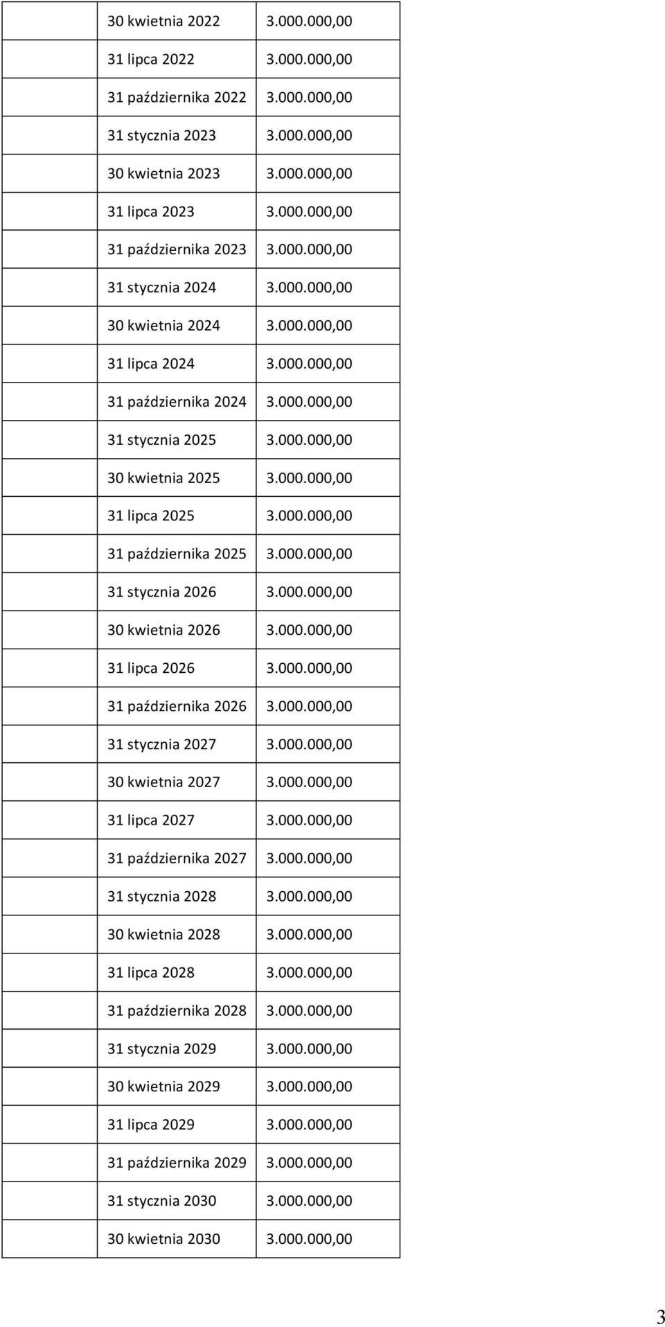 000.000,00 31 października 2025 3.000.000,00 31 stycznia 2026 3.000.000,00 30 kwietnia 2026 3.000.000,00 31 lipca 2026 3.000.000,00 31 października 2026 3.000.000,00 31 stycznia 2027 3.000.000,00 30 kwietnia 2027 3.