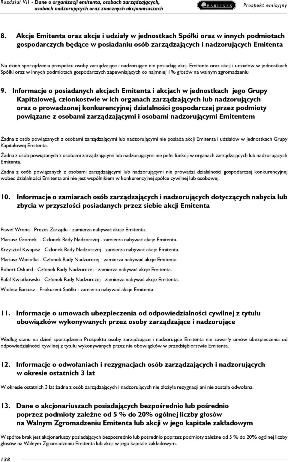 zarządzające i nadzorujące nie posiadają akcji Emitenta oraz akcji i udziałów w jednostkach Spółki oraz w innych podmiotach gospodarczych zapewniających co najmniej 1% głosów na walnym zgromadzeniu 9.