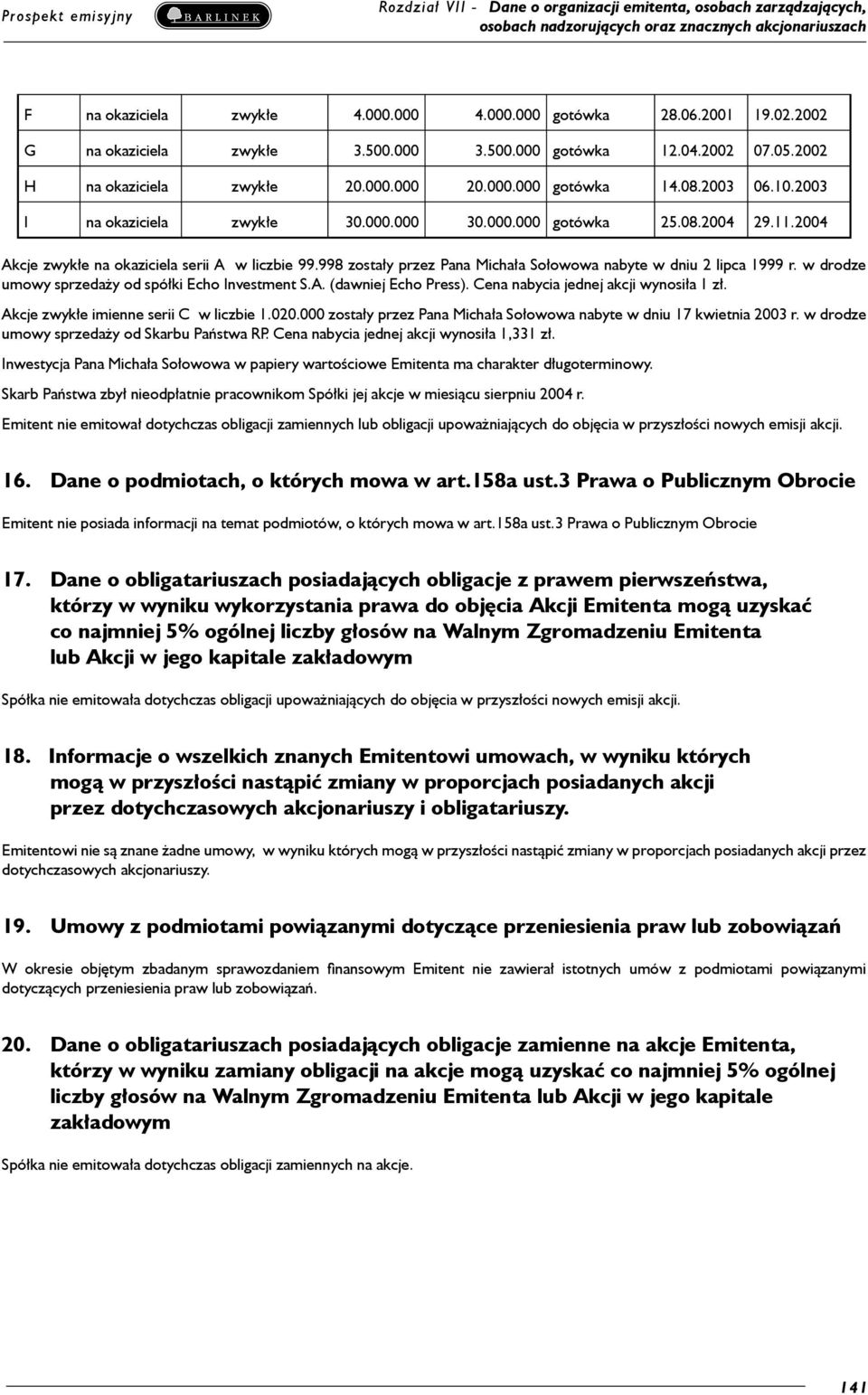 998 zostały przez Pana Michała Sołowowa nabyte w dniu 2 lipca 1999 r. w drodze umowy sprzedaży od spółki Echo Investment S.A. (dawniej Echo Press). Cena nabycia jednej akcji wynosiła 1 zł.