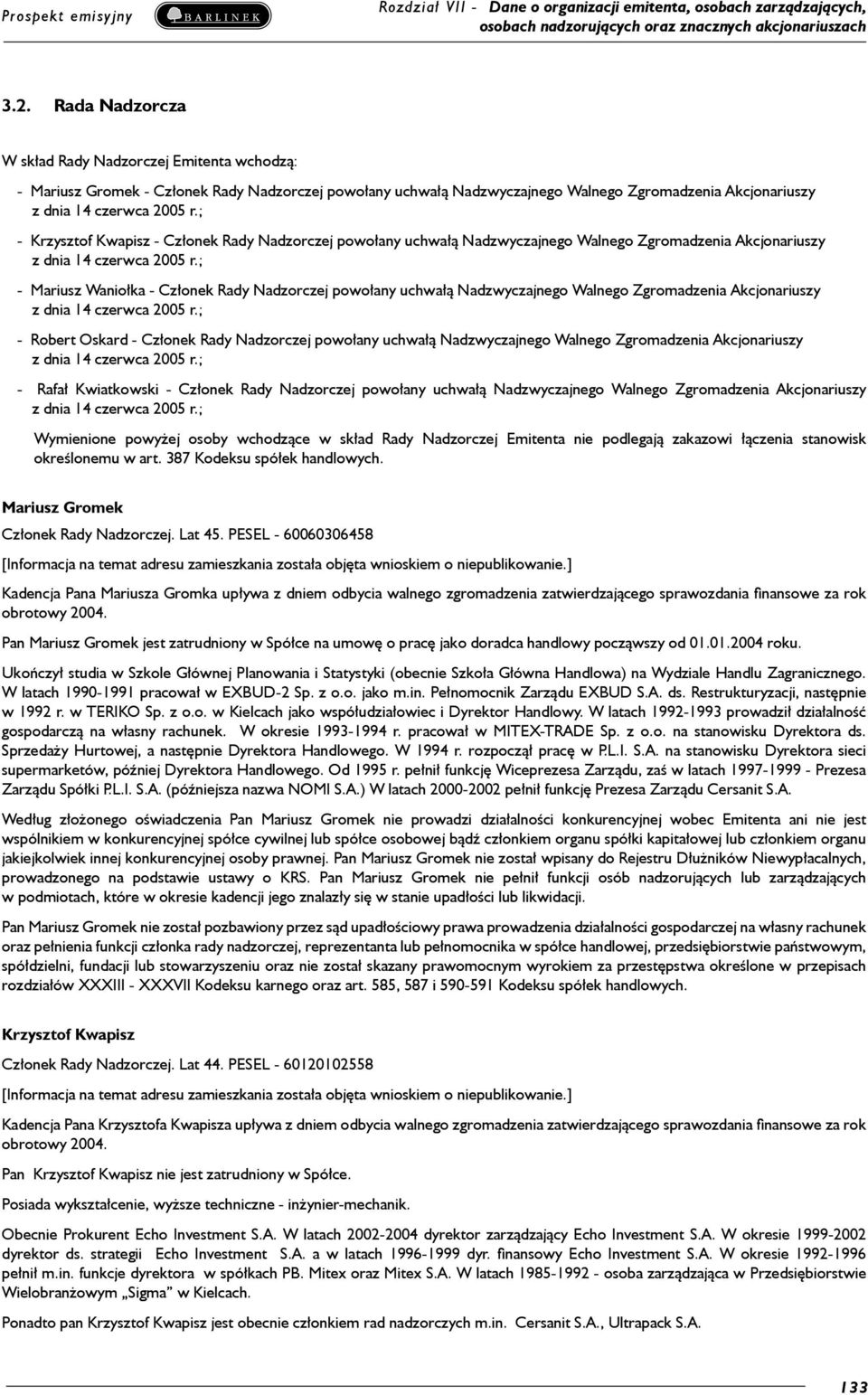 ; - Mariusz Waniołka - Członek Rady Nadzorczej powołany uchwałą Nadzwyczajnego Walnego Zgromadzenia Akcjonariuszy z dnia 14 czerwca 2005 r.