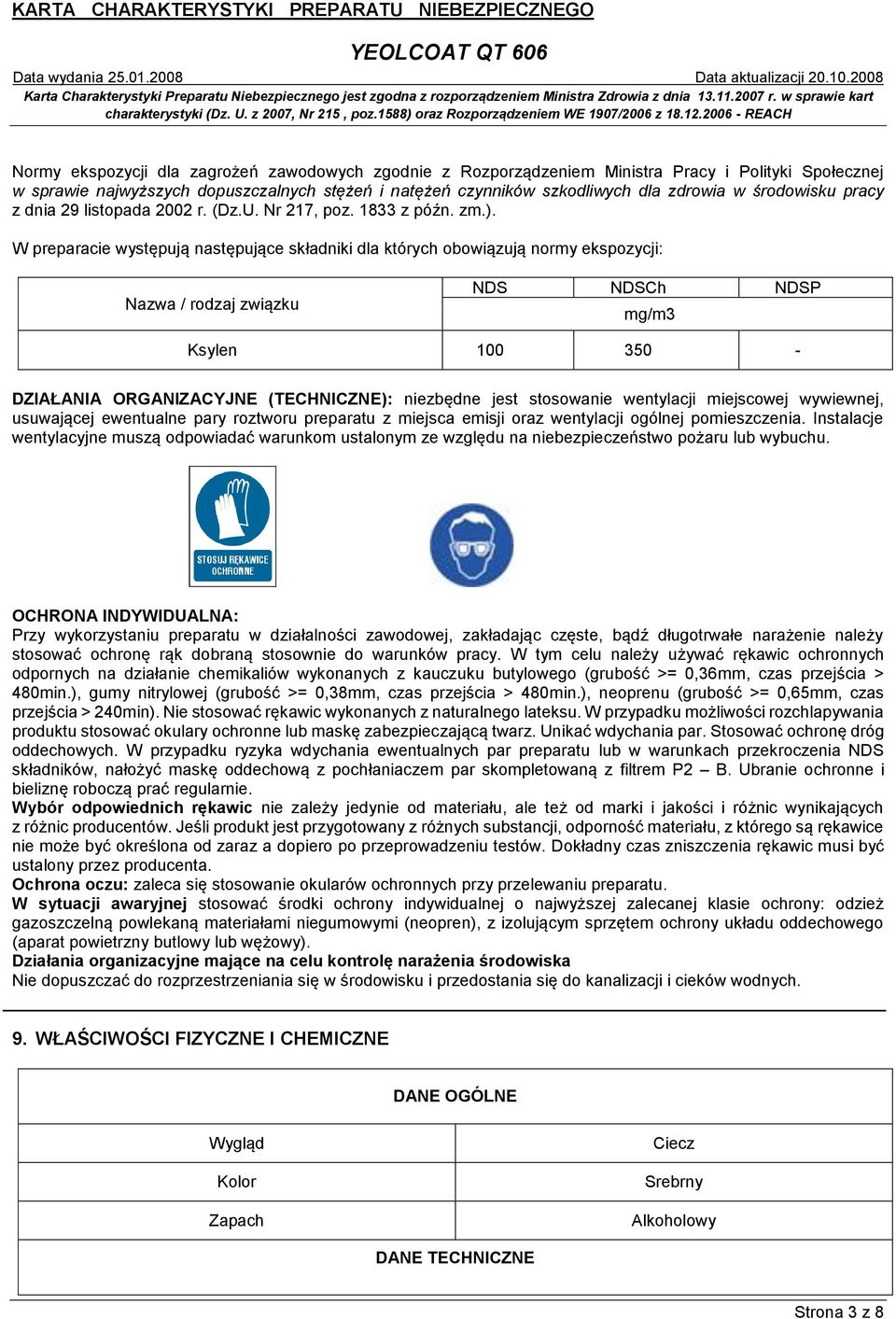W preparacie występują następujące składniki dla których obowiązują normy ekspozycji: Nazwa / rodzaj związku NDS NDSCh NDSP mg/m3 Ksylen 100 350 - DZIAŁANIA ORGANIZACYJNE (TECHNICZNE): niezbędne jest