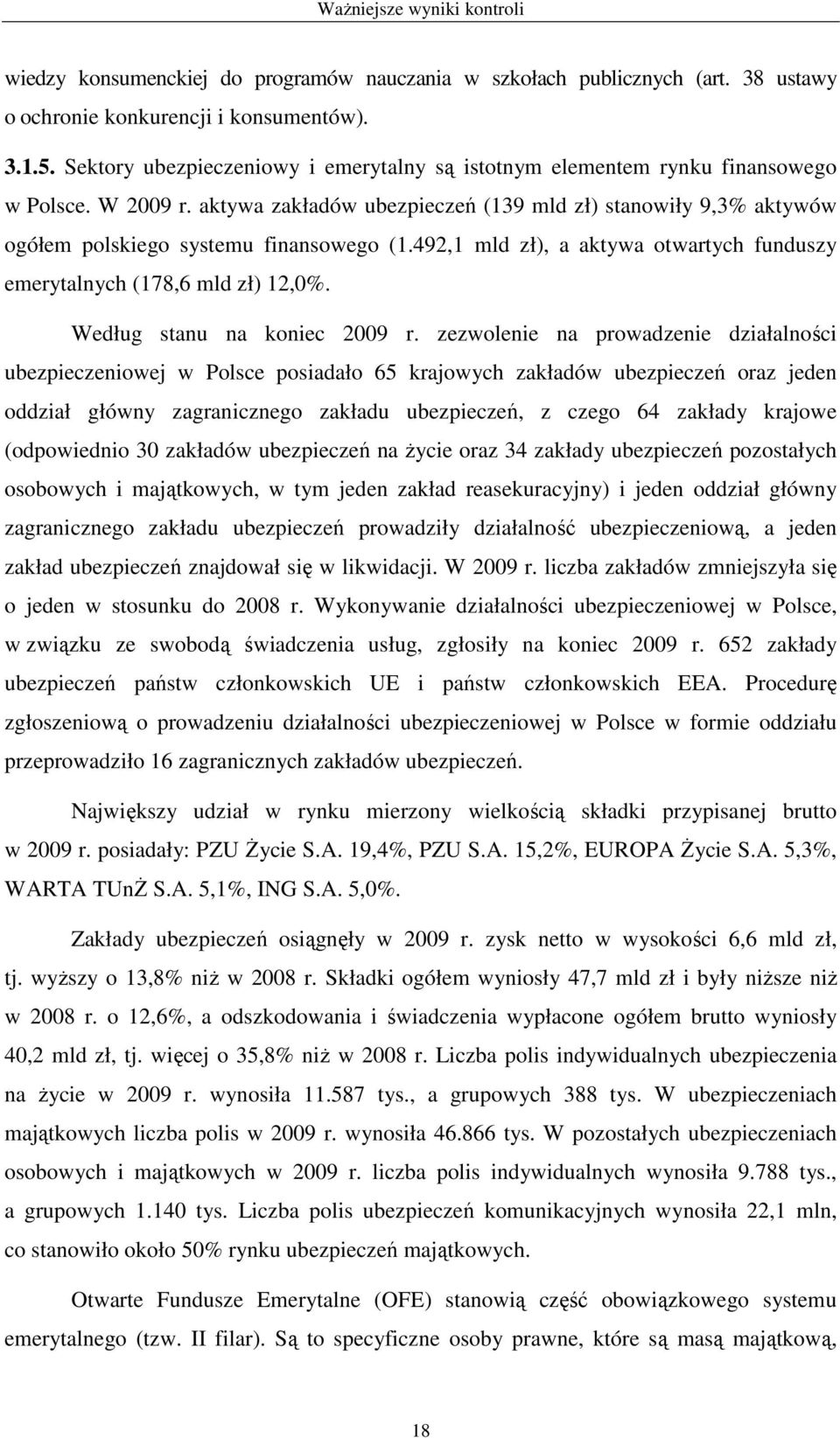 aktywa zakładów ubezpieczeń (139 mld zł) stanowiły 9,3% aktywów ogółem polskiego systemu finansowego (1.492,1 mld zł), a aktywa otwartych funduszy emerytalnych (178,6 mld zł) 12,0%.