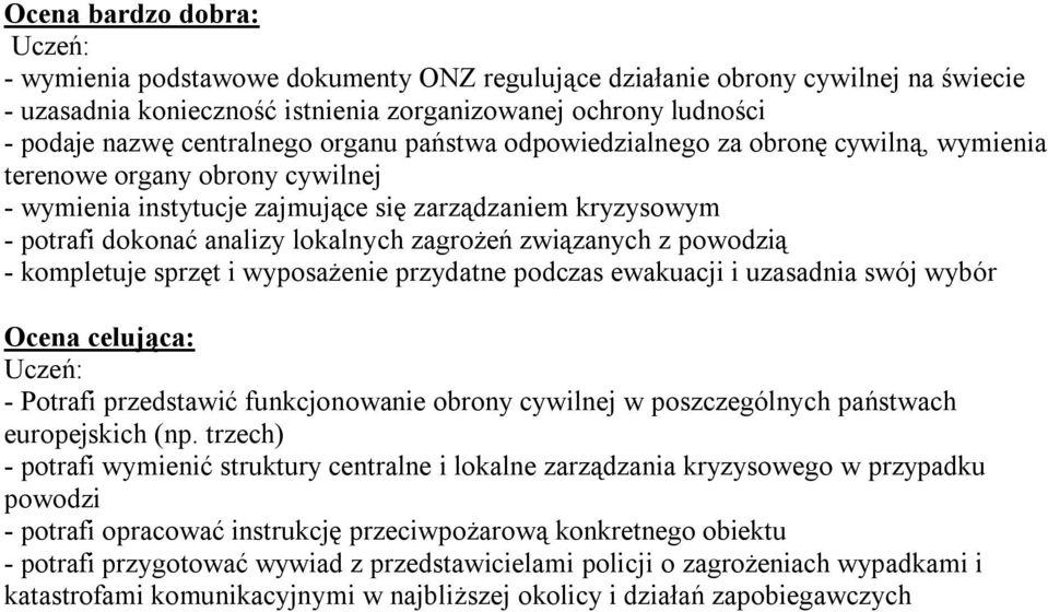 związanych z powodzią - kompletuje sprzęt i wyposażenie przydatne podczas ewakuacji i uzasadnia swój wybór Ocena celująca: - Potrafi przedstawić funkcjonowanie obrony cywilnej w poszczególnych