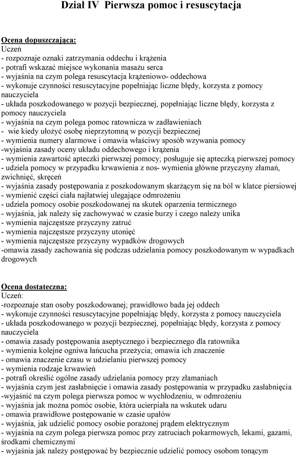 korzysta z pomocy nauczyciela - wyjaśnia na czym polega pomoc ratownicza w zadławieniach - wie kiedy ułożyć osobę nieprzytomną w pozycji bezpiecznej - wymienia numery alarmowe i omawia właściwy