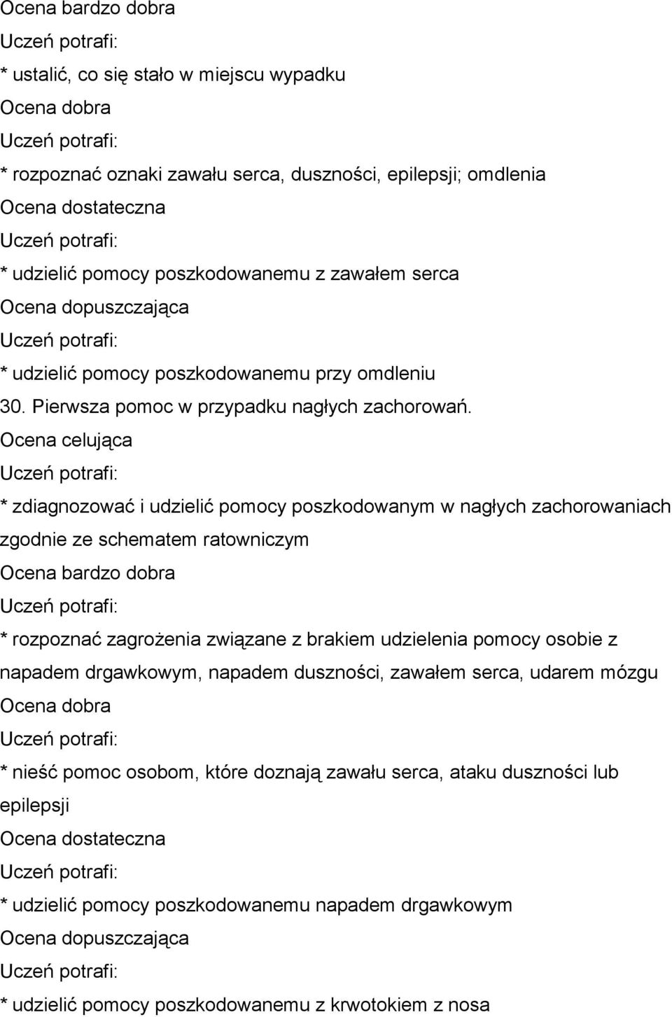 * zdiagnozować i udzielić pomocy poszkodowanym w nagłych zachorowaniach zgodnie ze schematem ratowniczym * rozpoznać zagrożenia związane z brakiem udzielenia pomocy
