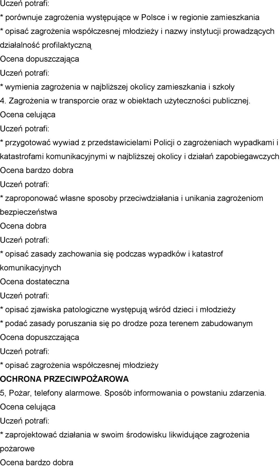 * przygotować wywiad z przedstawicielami Policji o zagrożeniach wypadkami i katastrofami komunikacyjnymi w najbliższej okolicy i działań zapobiegawczych * zaproponować własne sposoby przeciwdziałania