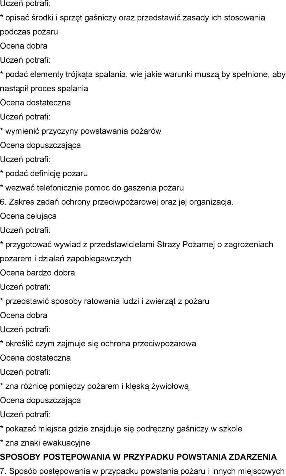 * przygotować wywiad z przedstawicielami Straży Pożarnej o zagrożeniach pożarem i działań zapobiegawczych * przedstawić sposoby ratowania ludzi i zwierząt z pożaru * określić czym zajmuje się ochrona