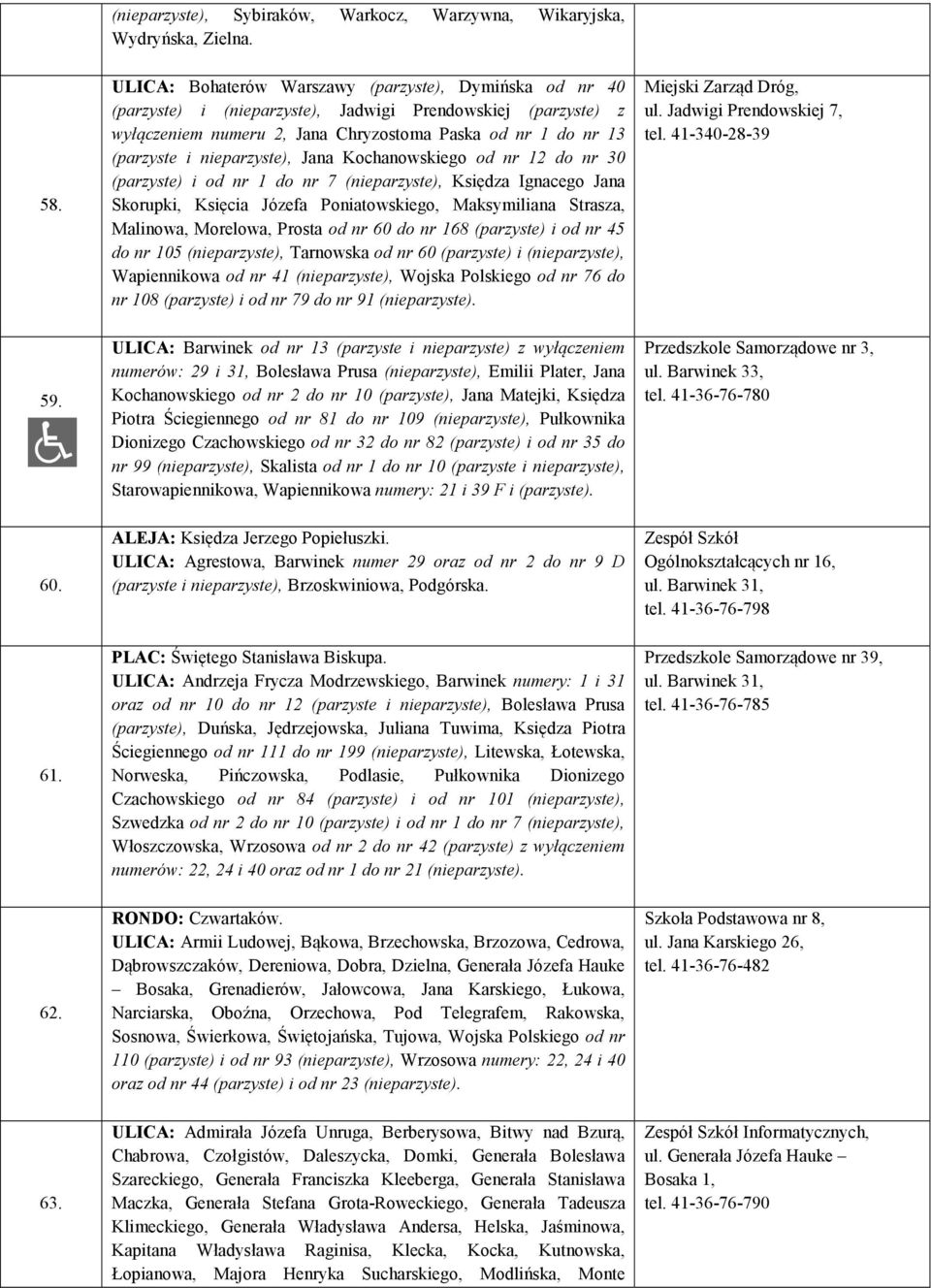 nieparzyste), Jana Kochanowskiego od nr 12 do nr 30 (parzyste) i od nr 1 do nr 7 (nieparzyste), Księdza Ignacego Jana Skorupki, Księcia Józefa Poniatowskiego, Maksymiliana Strasza, Malinowa,