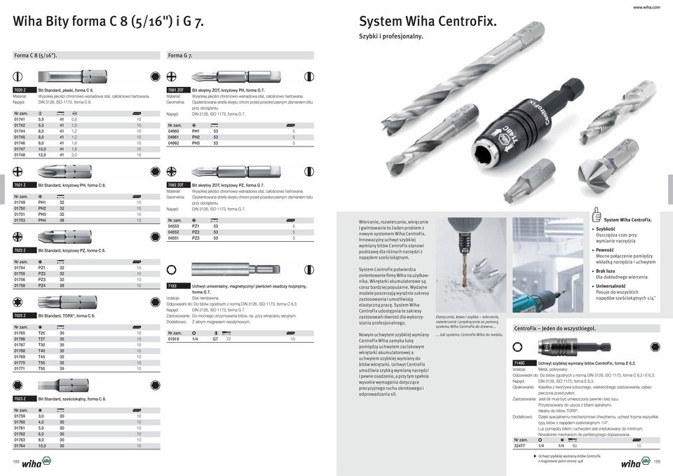 Napęd: DIN 3126, ISO 1173, forma G 7. 04960 PH1 53 5 04961 PH2 53 5 04962 PH3 53 5 7021 Z Bit Standard, krzyżowy PH, forma C 8.