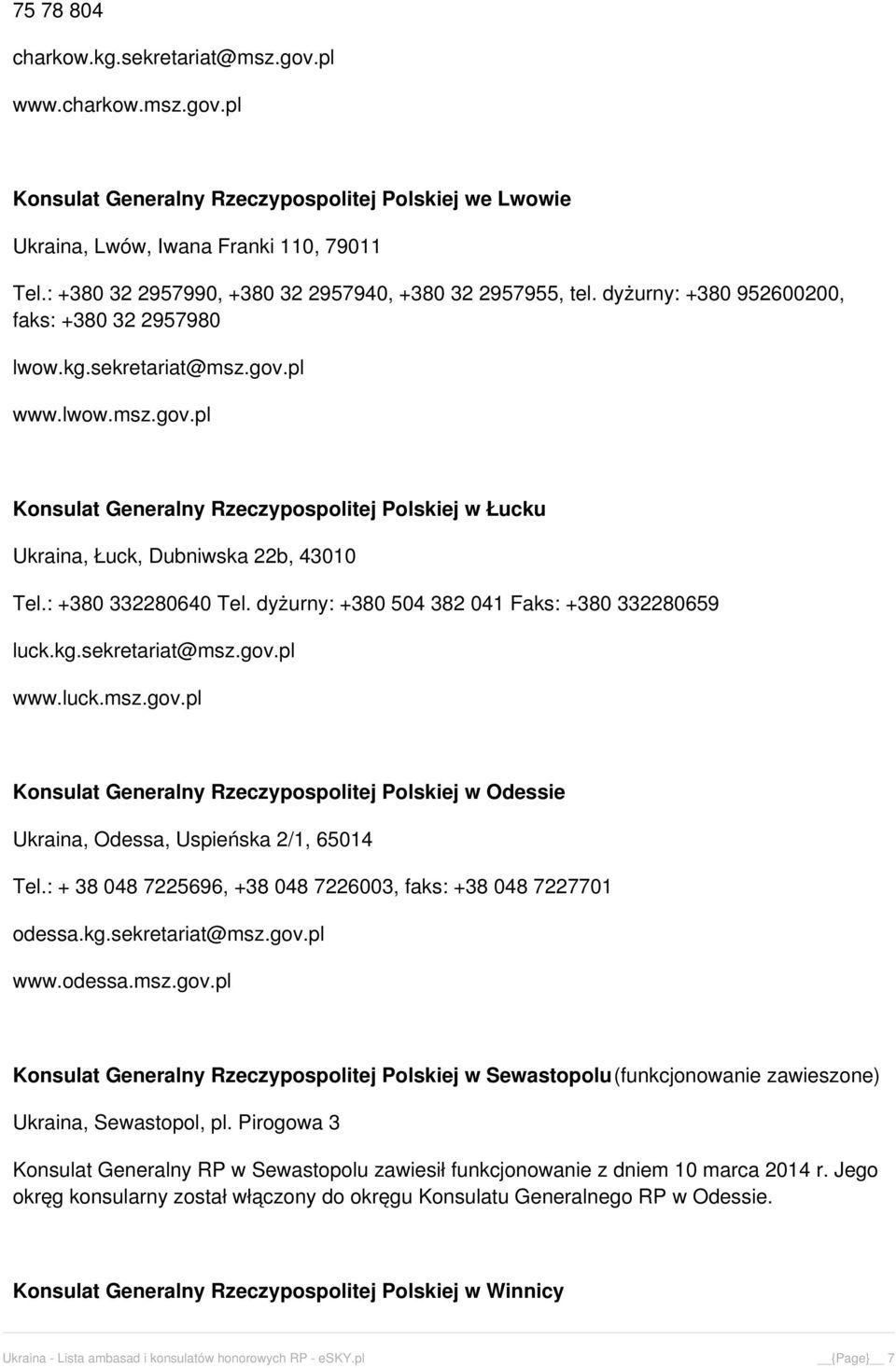 pl www.lwow.msz.gov.pl Konsulat Generalny Rzeczypospolitej Polskiej w Łucku Ukraina, Łuck, Dubniwska 22b, 43010 Tel.: +380 332280640 Tel. dyżurny: +380 504 382 041 Faks: +380 332280659 luck.kg.