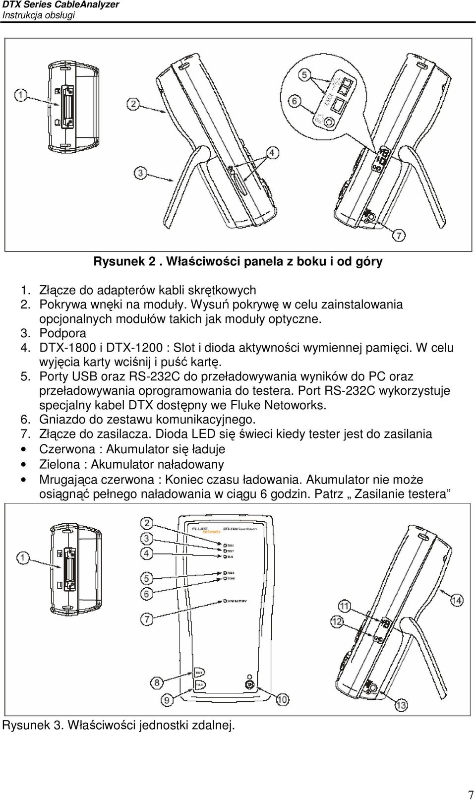 Porty USB oraz RS-232C do przeładowywania wyników do PC oraz przeładowywania oprogramowania do testera. Port RS-232C wykorzystuje specjalny kabel DTX dostępny we Fluke Netoworks. 6.
