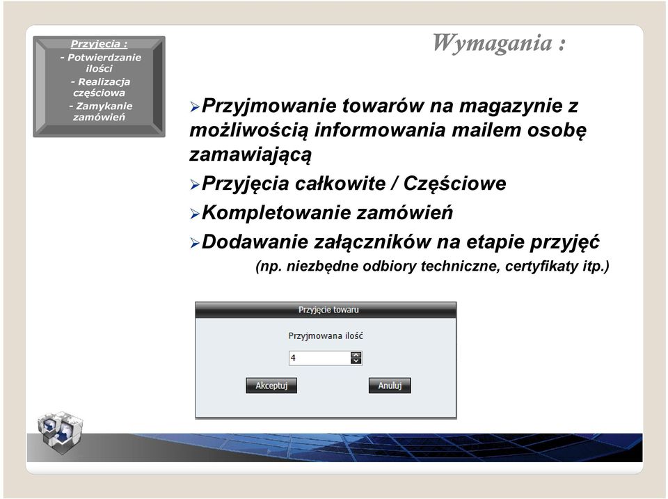 osobę zamawiającą Przyjęcia całkowite / Częściowe Kompletowanie zamówień