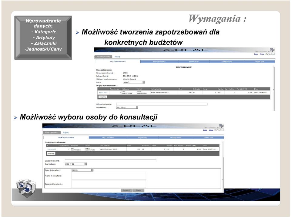 Możliwość tworzenia zapotrzebowań dla